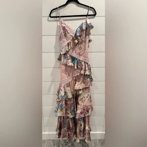 BHLDN pink floral Elora Sleeveless V-Neck Ruffle Lace Maxi Dress - Picture 4 of 10